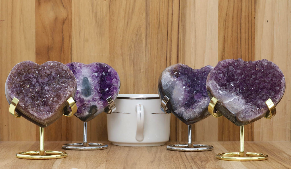 Hand-carved Amethyst Heart Cluster with Stand, Natural Raw Crystal Heart Stone 1–7 Inch tall (50g–1200g), Reiki Healing Gemstone, Love, spiritual Valentine Gift. (200-350 Grams-1.5 to 2.5" tall)