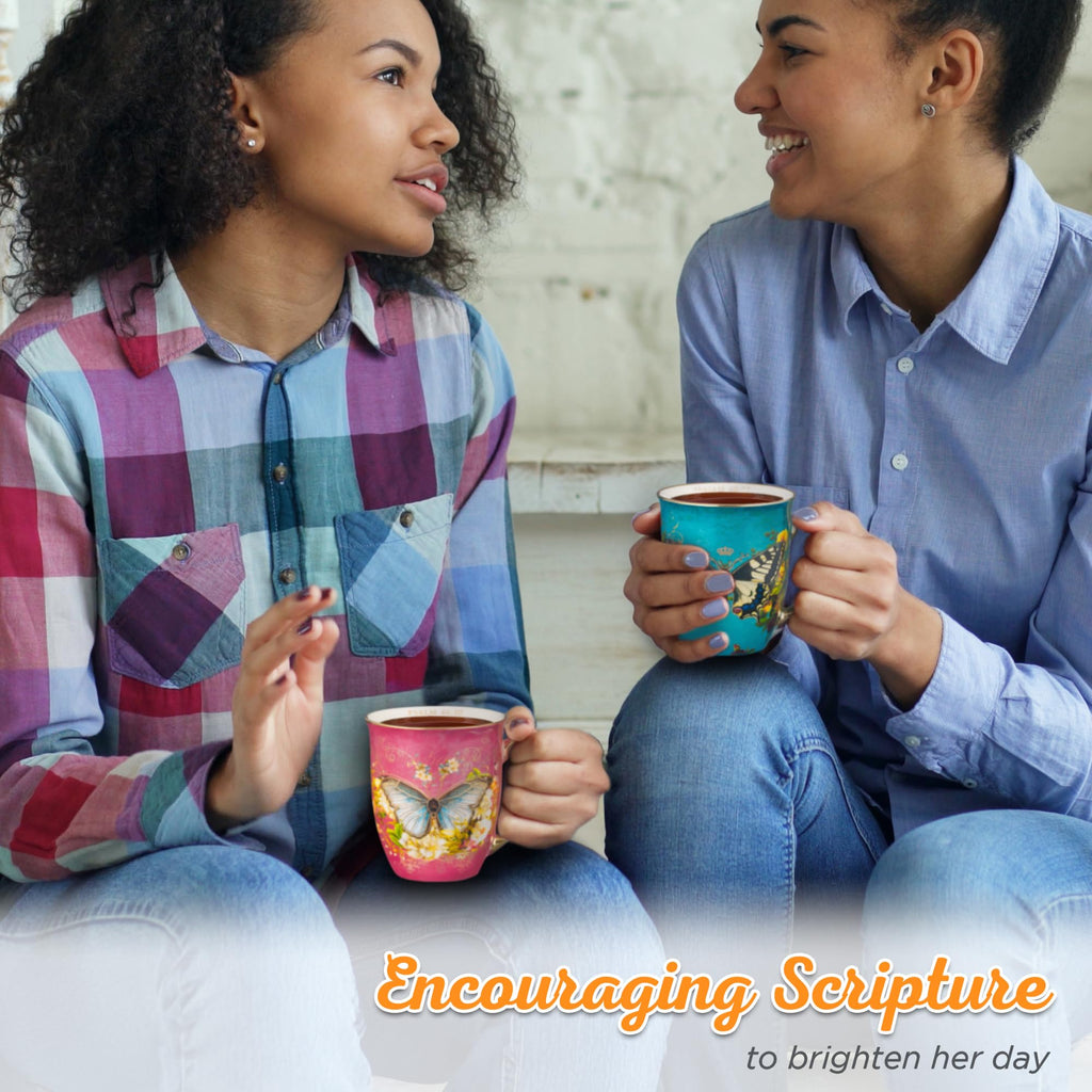 Christian Art Gifts Pink Butterfly Ceramic Coffee Mug with Gold Accents – 14 oz. Lead and Cadmium-free Inspirational Scripture Coffee and Tea Mug for Women with Bible Verse: Be Still – Psalm 46:10