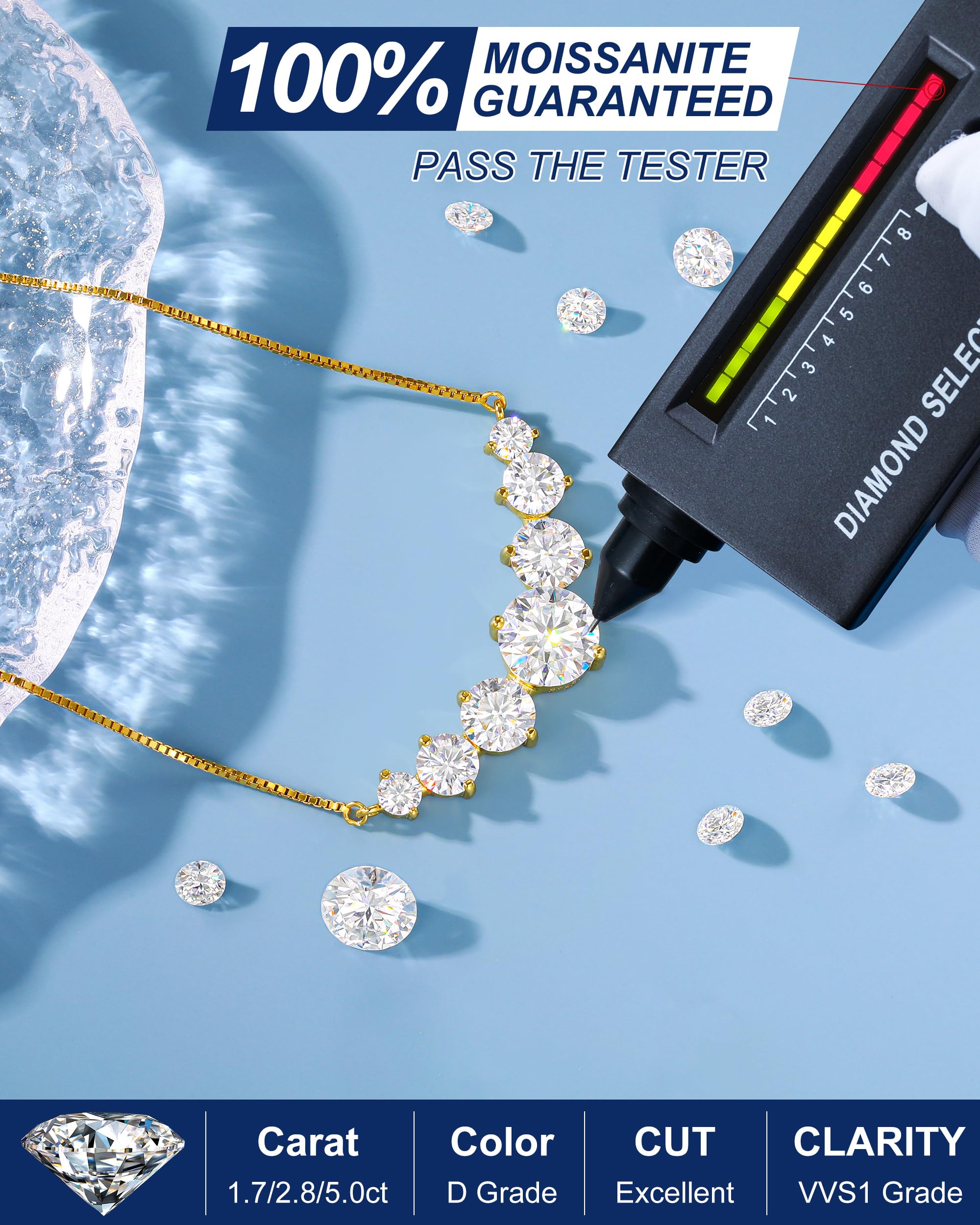 TUHE 7 Stones Moissanite Necklace for Women, 1.7-5.0 Carat Smile Moissanite Pendant Necklace 18k Gold Plated Sterling Silver 16.5+2.5 inch Box Chain Tennis Necklaces with Certificate of Authenticity