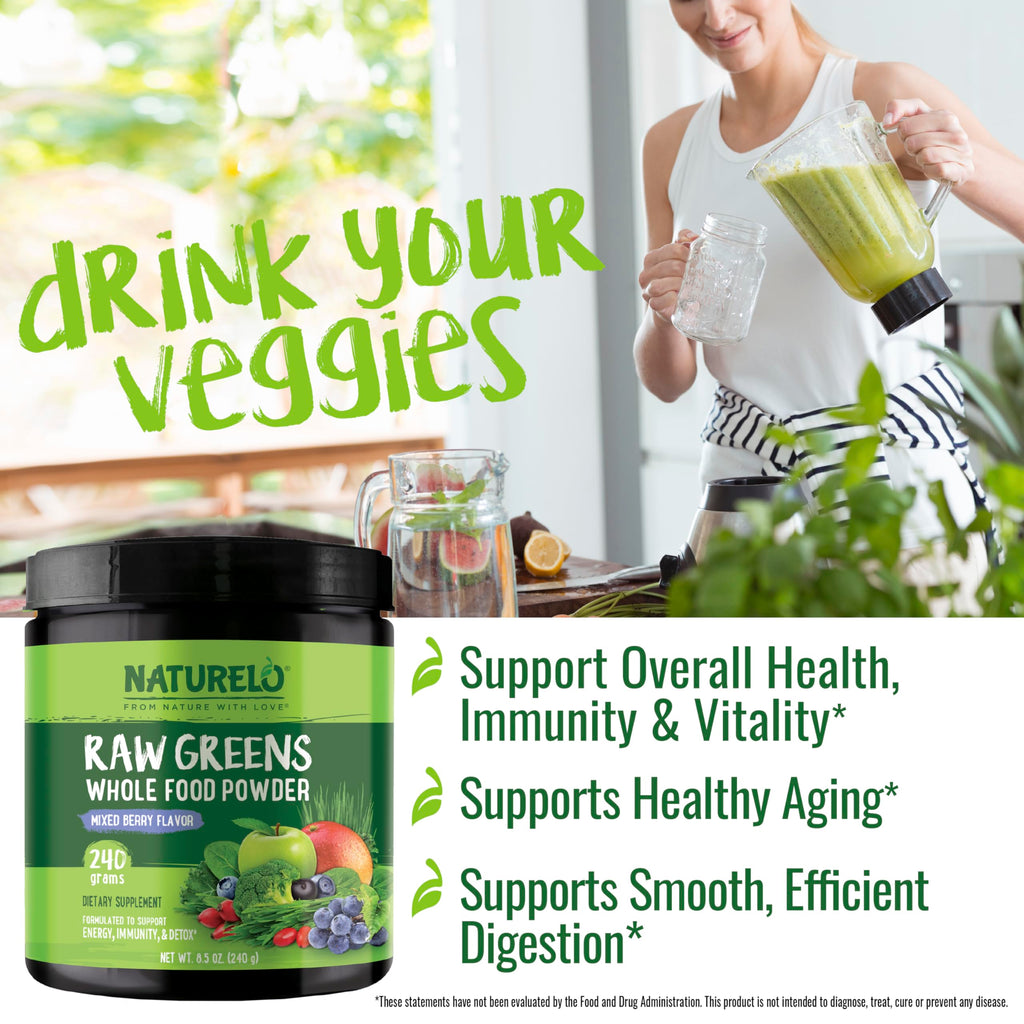 NATURELO Raw Greens Superfood Powder - Unsweetened - Boost Energy, Detox, Enhance Health - Organic Spirulina - Wheat Grass - Whole Food Nutrition from Fruits & Vegetables - 240 Grams