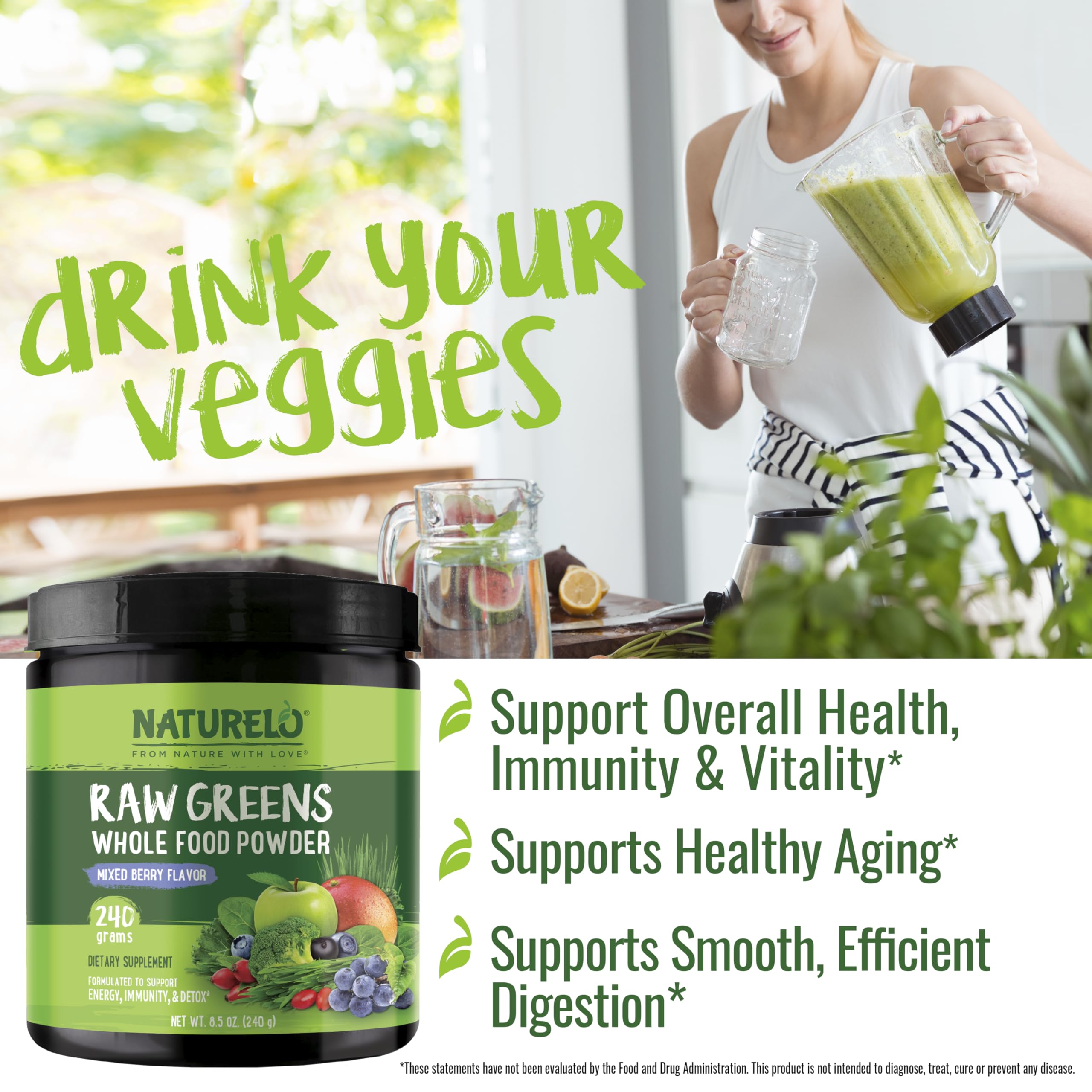 NATURELO Raw Greens Superfood Powder - Unsweetened - Boost Energy, Detox, Enhance Health - Organic Spirulina - Wheat Grass - Whole Food Nutrition from Fruits & Vegetables - 240 Grams