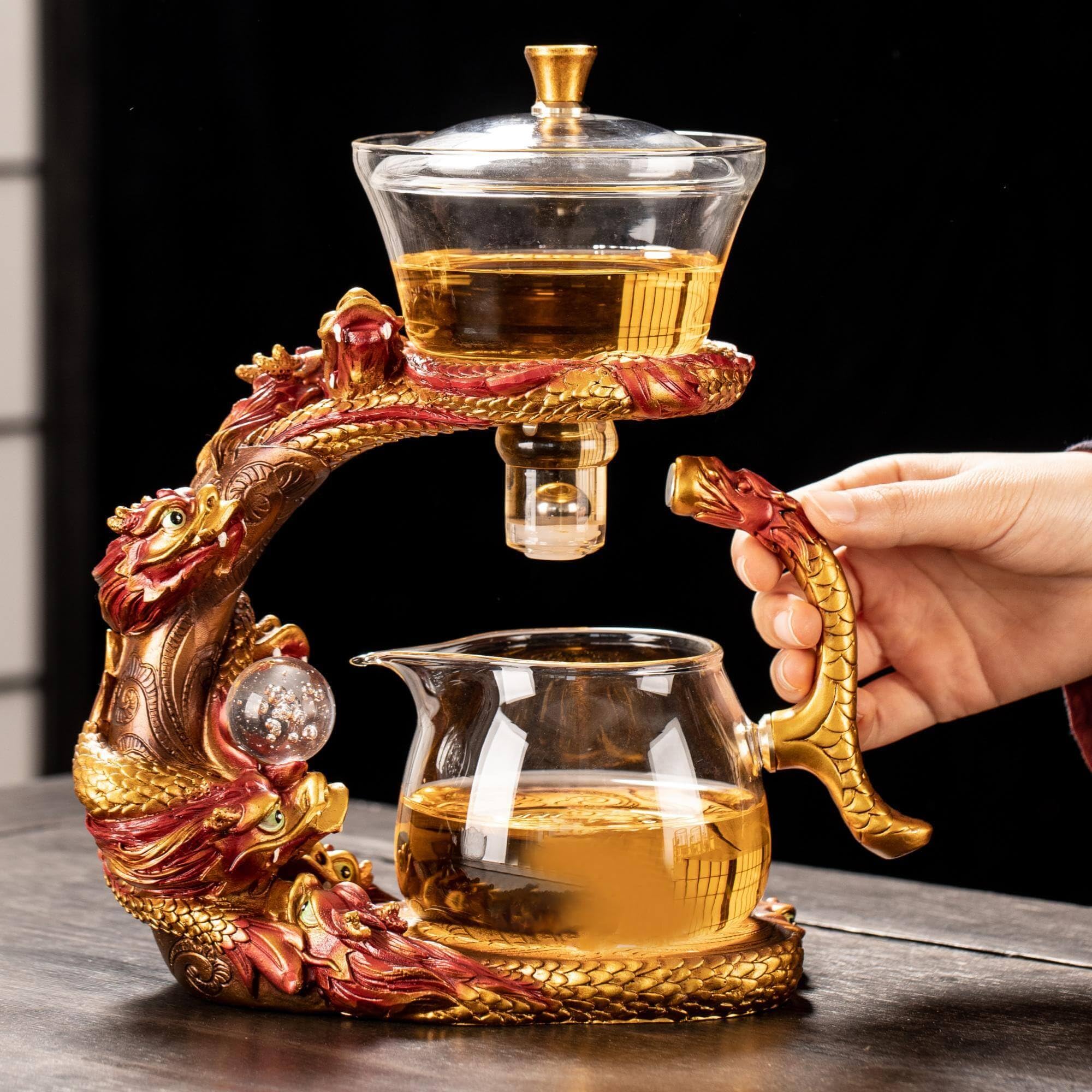 Glass Teapot Set with Infuser Semi Automatic Dragon Tea Set with 6 Small Cups (red golden dragon-b)