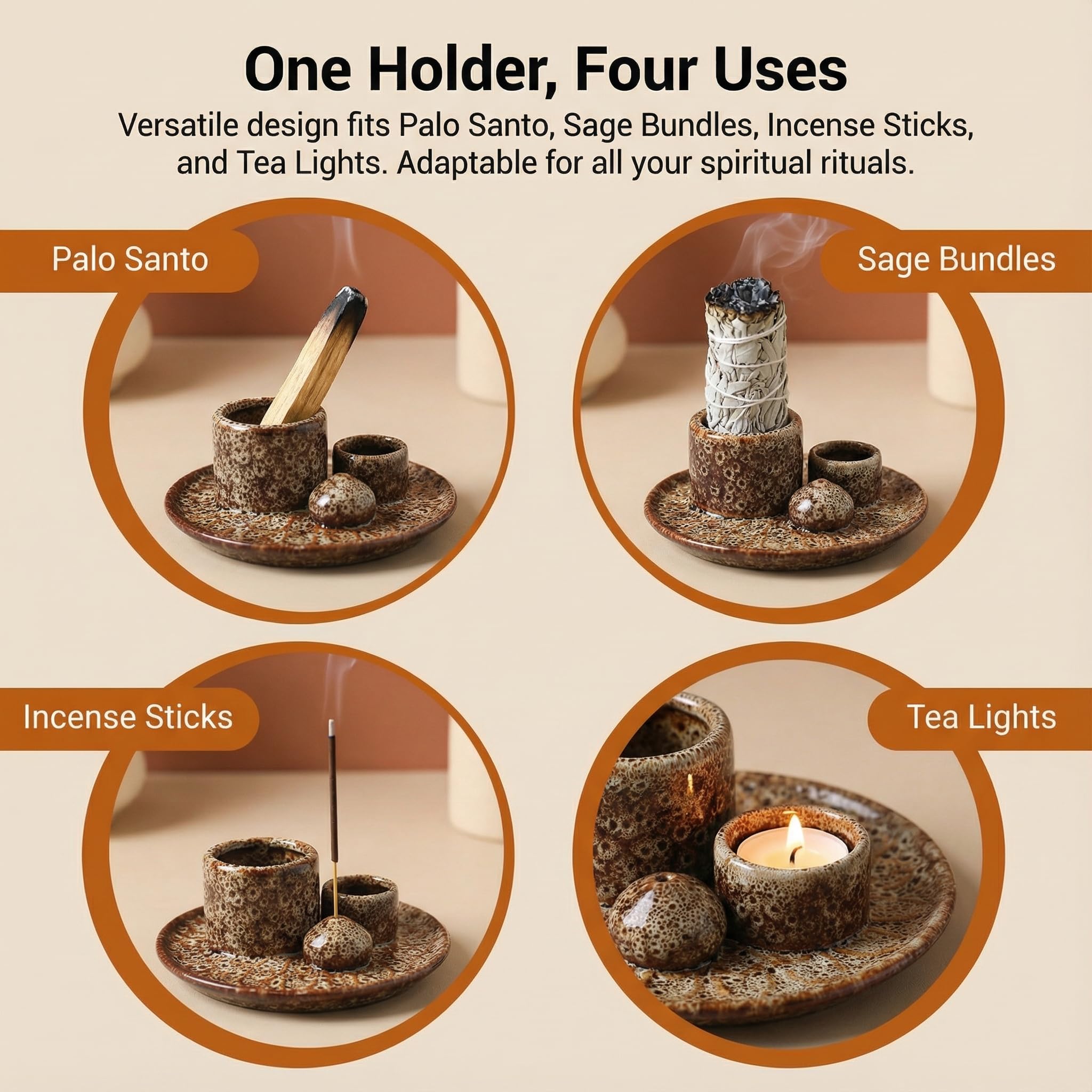 Handmade Ceramic Incense Burner for Palo Santo Incense Sticks, 4 in 1 Multi-Purpose Sage Holder for Burning, Ash Catcher Tray for Meditation Yoga Room (Golden)