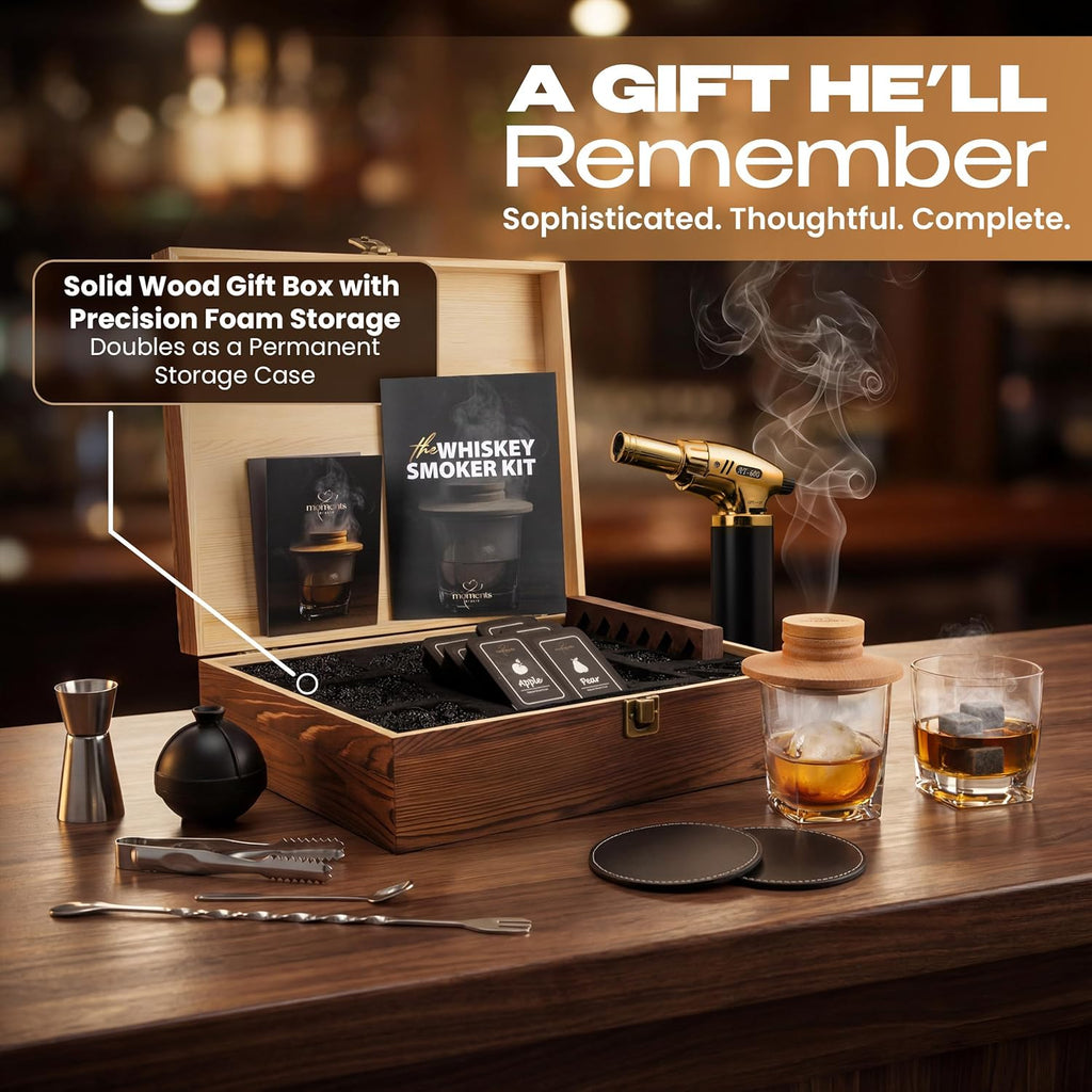 Premium Whiskey Smoker Kit – Wooden Gift Box with Torch, Smoker Lid, Square Glasses, Leather Coasters, 6 Wood Chips with Tray, Whiskey Stones, Ice Molds, Mixing Tools & Instructions