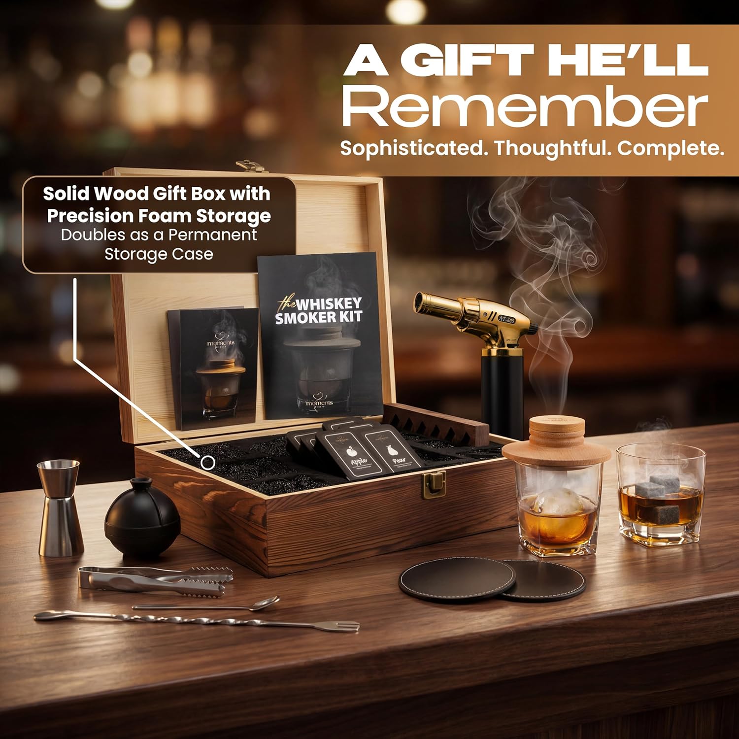 Premium Whiskey Smoker Kit – Wooden Gift Box with Torch, Smoker Lid, Square Glasses, Leather Coasters, 6 Wood Chips with Tray, Whiskey Stones, Ice Molds, Mixing Tools & Instructions