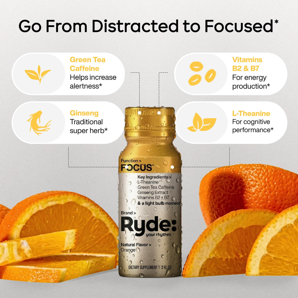Ryde: Energize Shot | Tropical Flavor | Green Tea Caffeine, Taurine, Ginseng Extract & B Vitamins | 0 Calories, 0 Sugar | 2 FL OZ Shots | Boosts energy* (8 Pack)