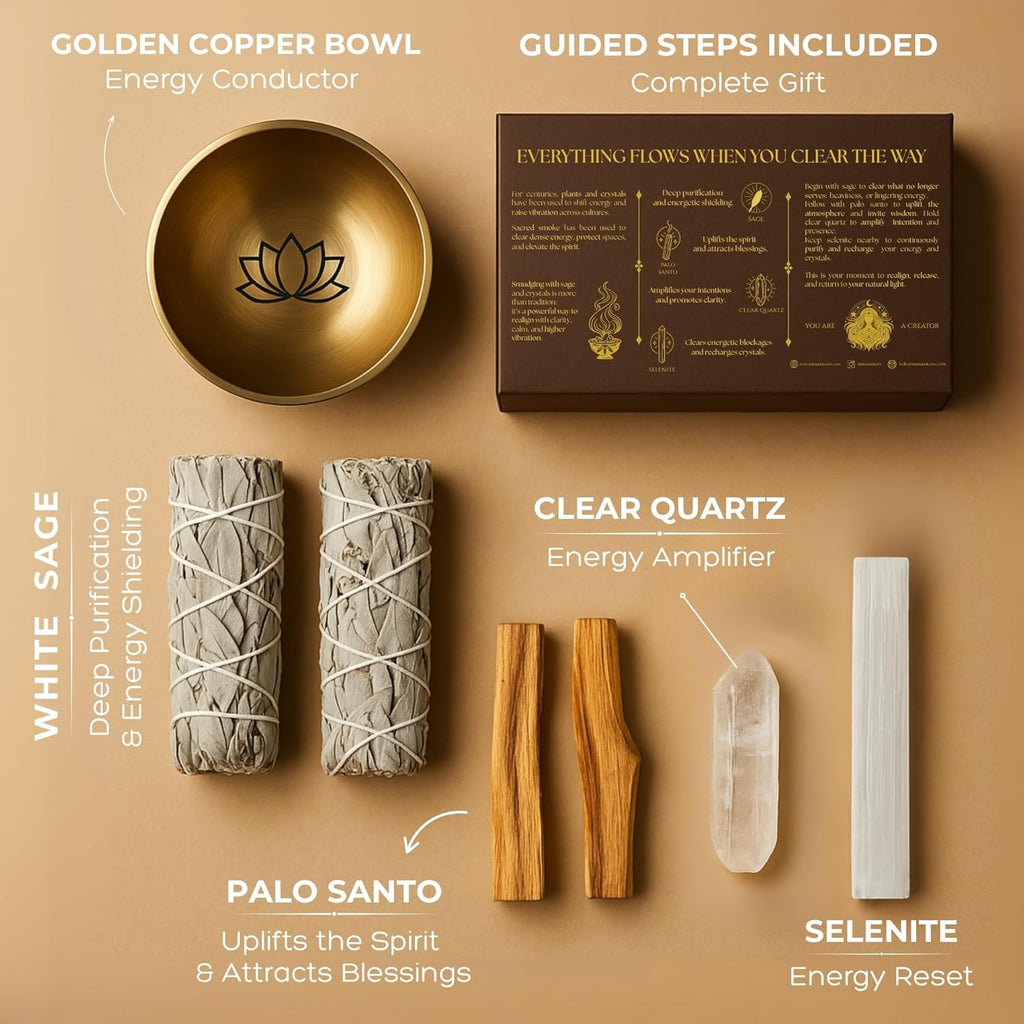 Anima Premium Energy Cleansing Set – White Sage Smudge Sticks, Palo Santo Sticks, Clear Quartz & Selenite Crystal with Smudge Bowl for Crystals & Home Cleansing, Meditation & Manifestation