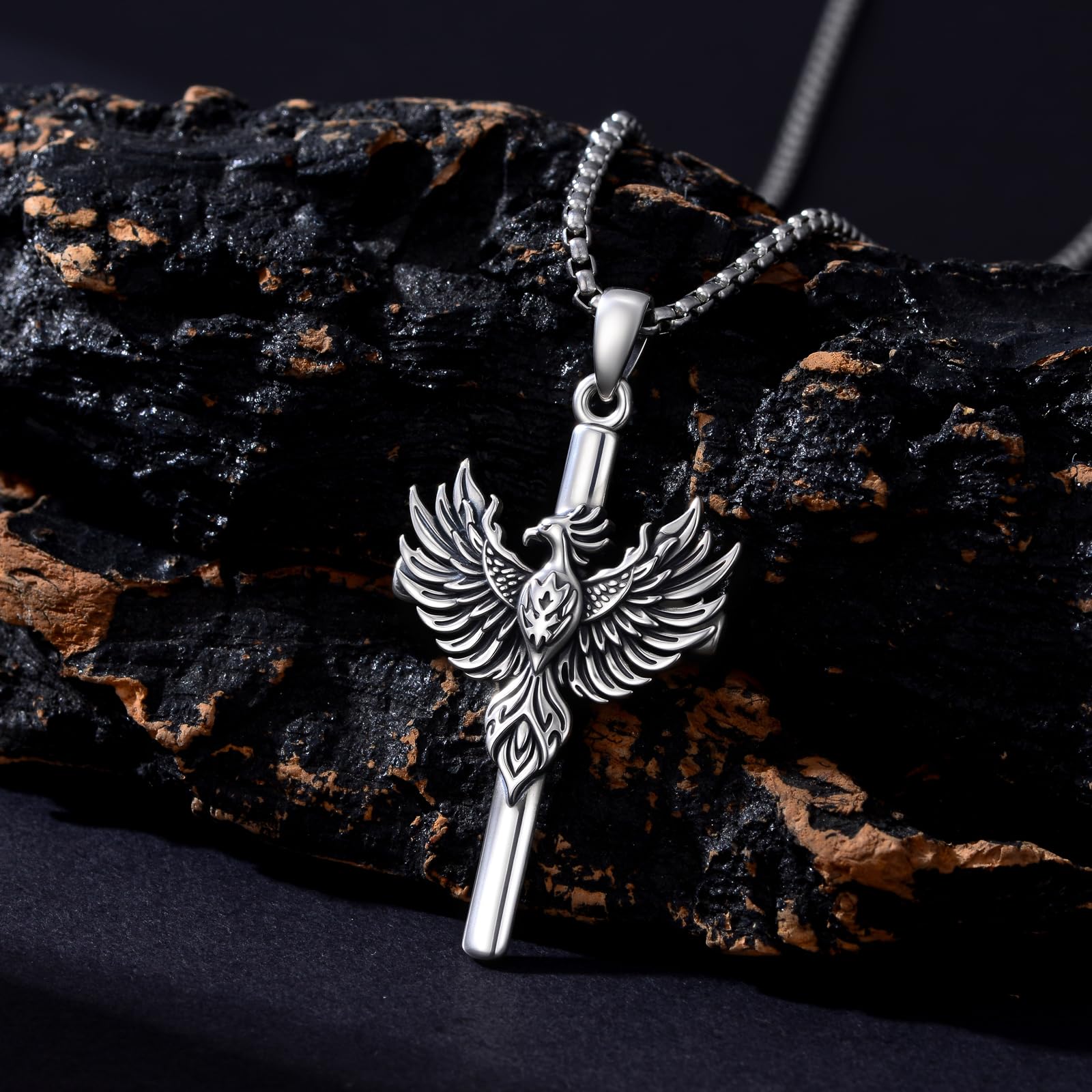 PELOVNY Phoenix Necklace 925 Sterling Silver Shield/Sword/Crystal/Tarot Card/Dog Tag/Cross/Abalone/Axe Pendant Rising Bird Jewelry for Anniversary Birthday Christmas Gifts Men Women