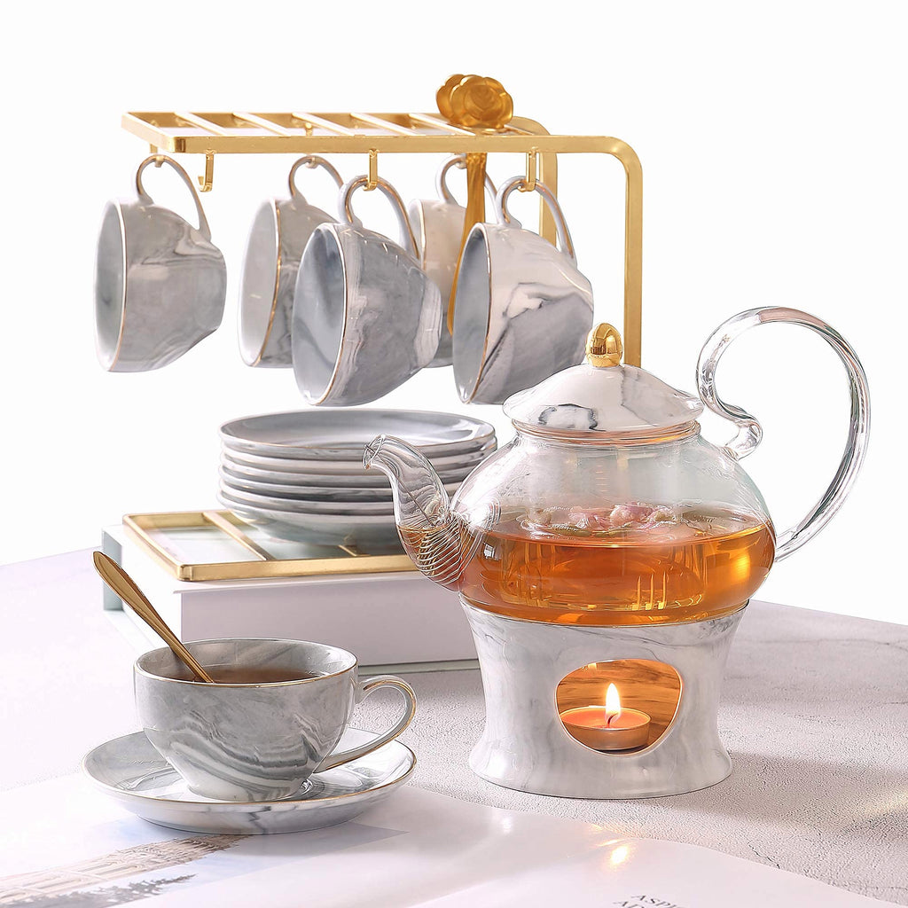DUJUST 21 pcs Small Tea Set of 6, Pink Marble Set, Handcraft Golden Trim, Porcelain Tea Pot Set for Kids&Adults, 1 Glass Teapot(22oz), 6 Cups(4oz), 6 Saucers, 6 Spoons, 1 Shelf&1 Warmer