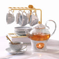 DUJUST 21 pcs Small Tea Set of 6, Pink Marble Set, Handcraft Golden Trim, Porcelain Tea Pot Set for Kids&Adults, 1 Glass Teapot(22oz), 6 Cups(4oz), 6 Saucers, 6 Spoons, 1 Shelf&1 Warmer