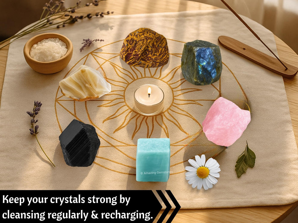 Amazing Gemstone Crystals for House Protection Manifestation, Set of 6 Amethyst, Scolecite, Shungite, Black Tourmaline, Selenite and Moss Agate Healing Crystals and Stones