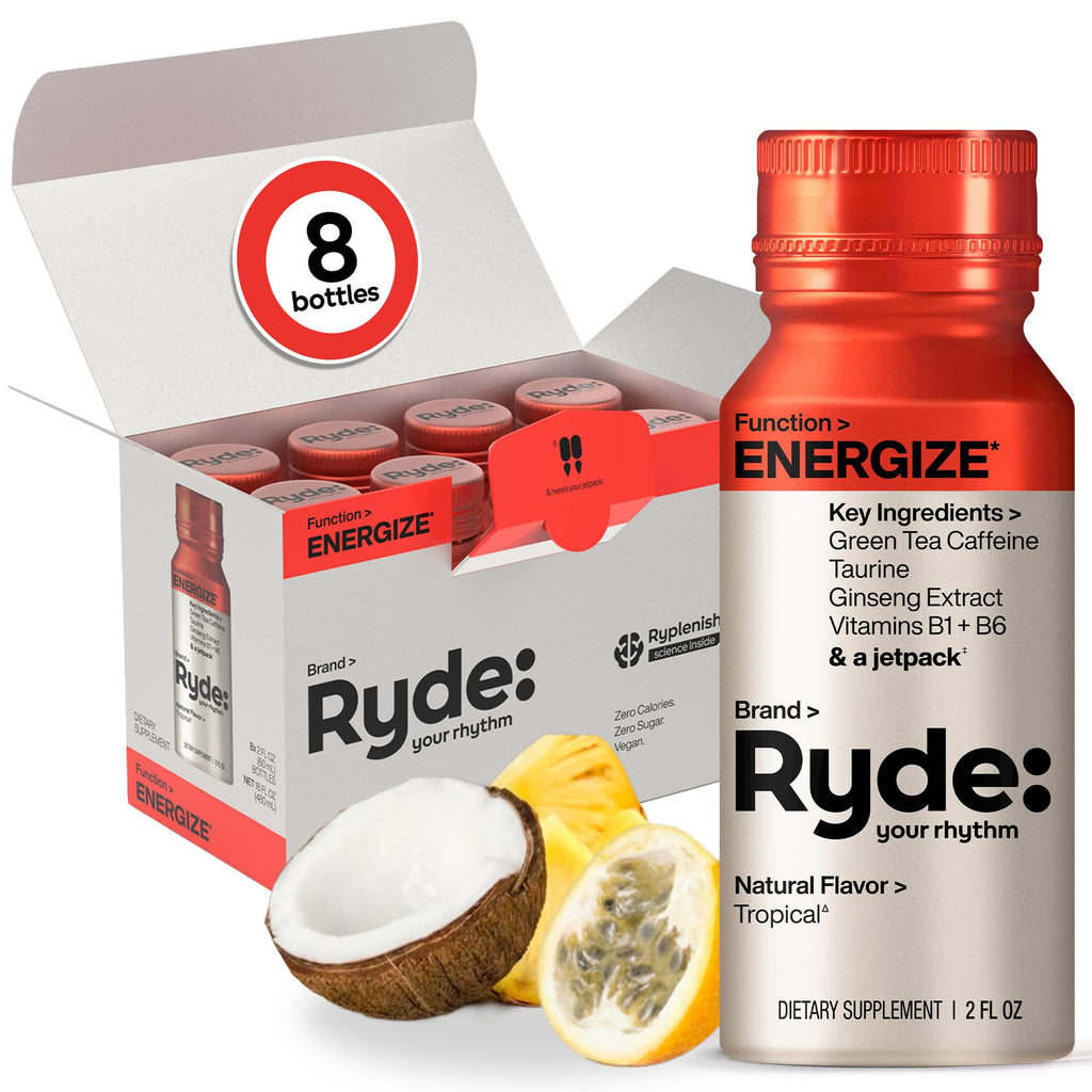 Ryde: Energize Shot | Tropical Flavor | Green Tea Caffeine, Taurine, Ginseng Extract & B Vitamins | 0 Calories, 0 Sugar | 2 FL OZ Shots | Boosts energy* (8 Pack)