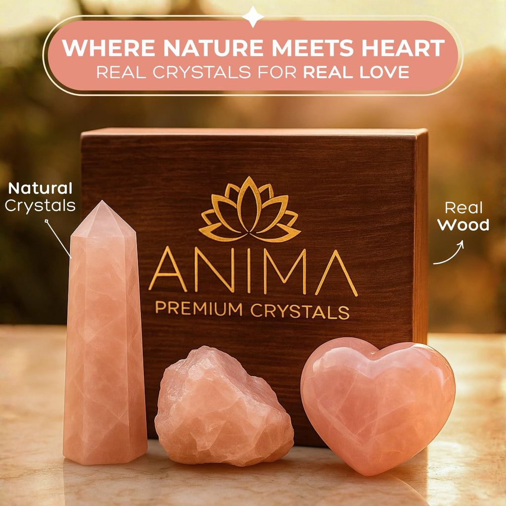 Anima Premium Protection Healing Crystals Set for Energy Shielding - Large Raw Obsidian, Black Tourmaline, Labradorite, Smoky Quartz & Selenite Bar - Wooden Gift Box and Guide Booklet Included