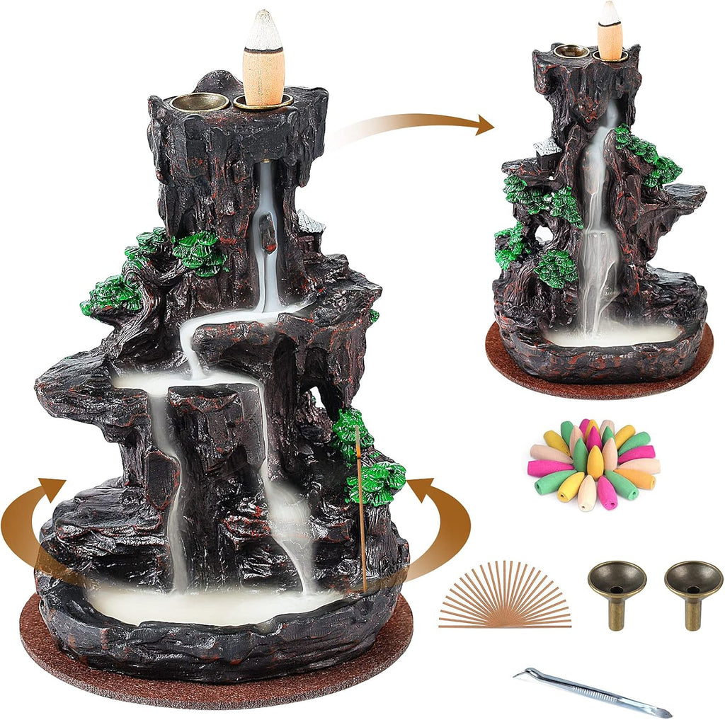 SPACEKEEPER Incense Burner, Backflow Incense Holder 2 Sides Waterfall Incense Burnier with 120 Backflow Incense Cones, 30 Incense Sticks, Aromatcherapy Ornamen for Home