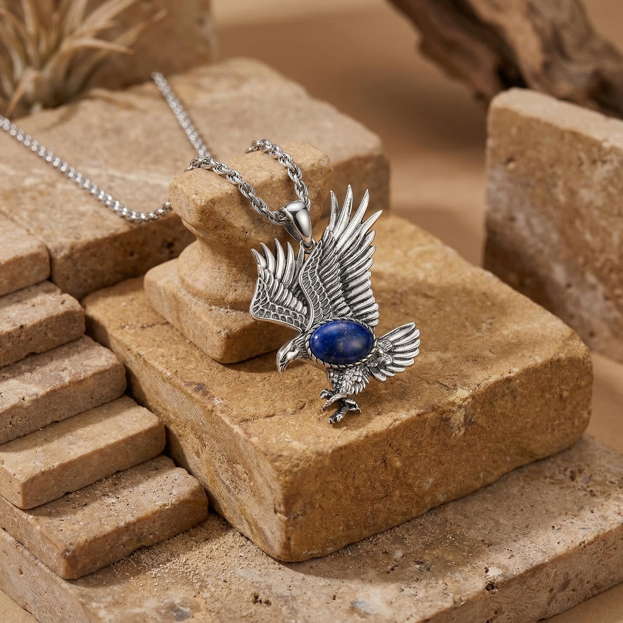 Eagle Necklace for Men 925 Sterling Silver Real Gemstone Vintage Hawk Pendant Western Viking Animal Jewelry Gifts for Father