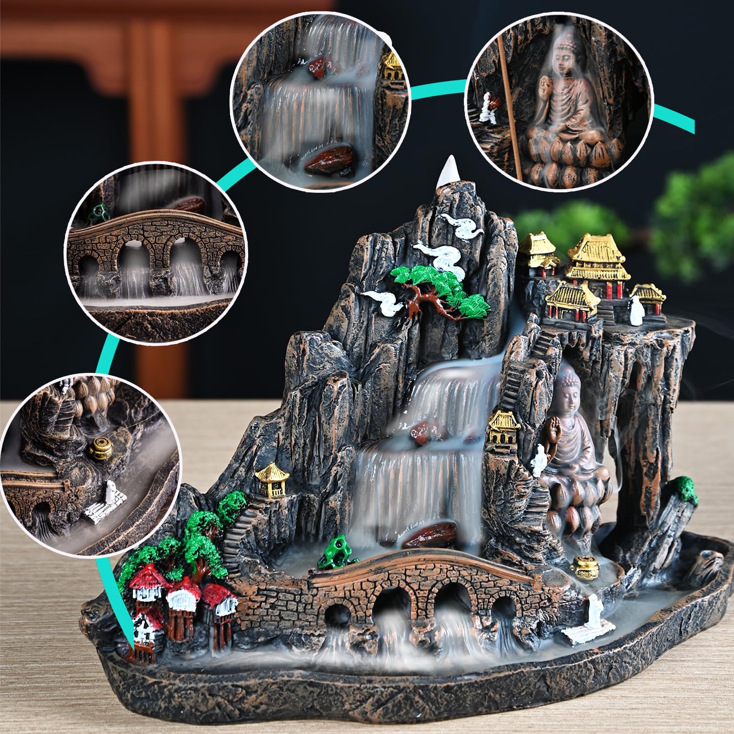 Mountain Waterfall Incense Burner，Backfall Incense Holder River, Incense Falls Meditation Decor for Room with Upgrade Incense Cones and Accessories (5in1 Palo Santo)