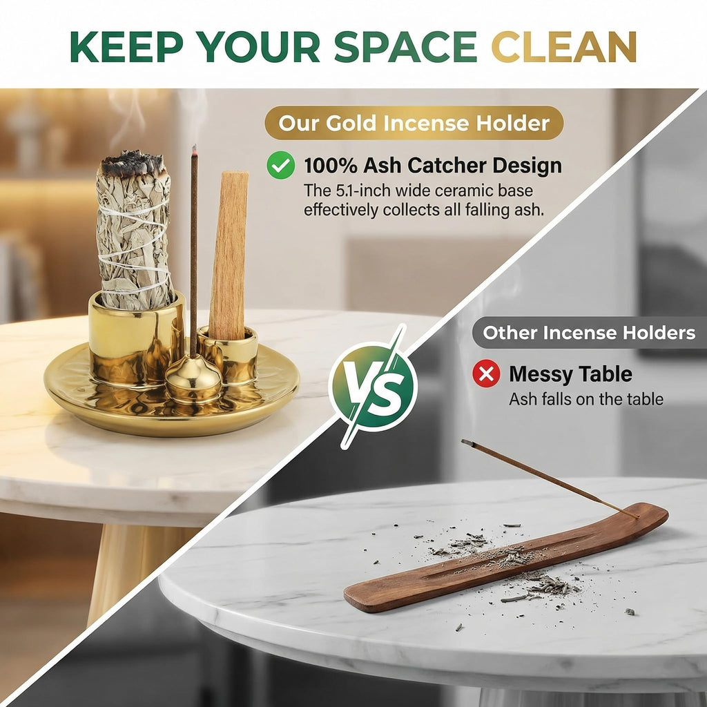 Handmade Ceramic Incense Burner for Palo Santo Incense Sticks, 4 in 1 Multi-Purpose Sage Holder for Burning, Ash Catcher Tray for Meditation Yoga Room (Golden)