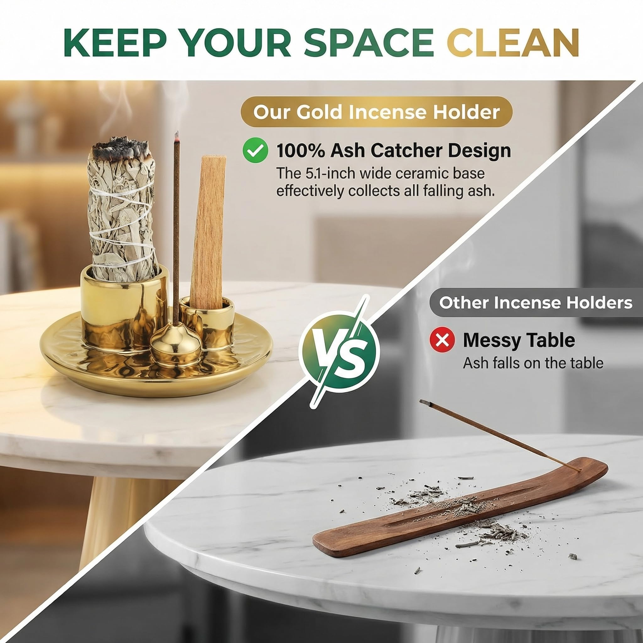 Handmade Ceramic Incense Burner for Palo Santo Incense Sticks, 4 in 1 Multi-Purpose Sage Holder for Burning, Ash Catcher Tray for Meditation Yoga Room (Golden)