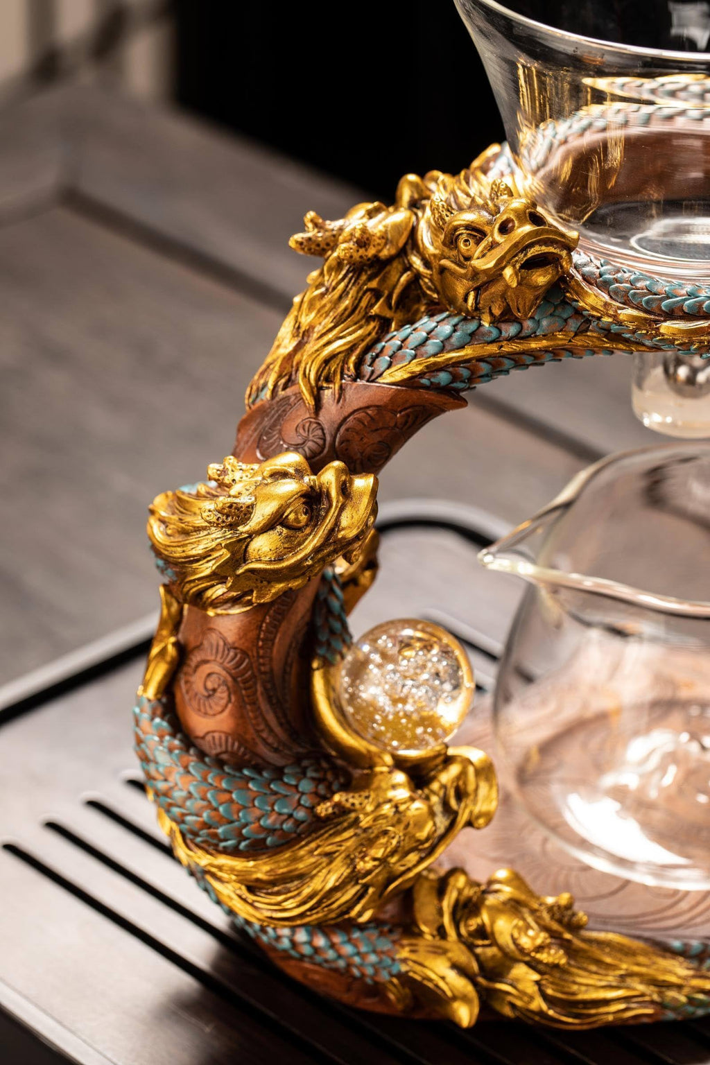 Glass Teapot Set with Infuser Semi Automatic Dragon Tea Set with 6 Small Cups (red golden dragon-b)