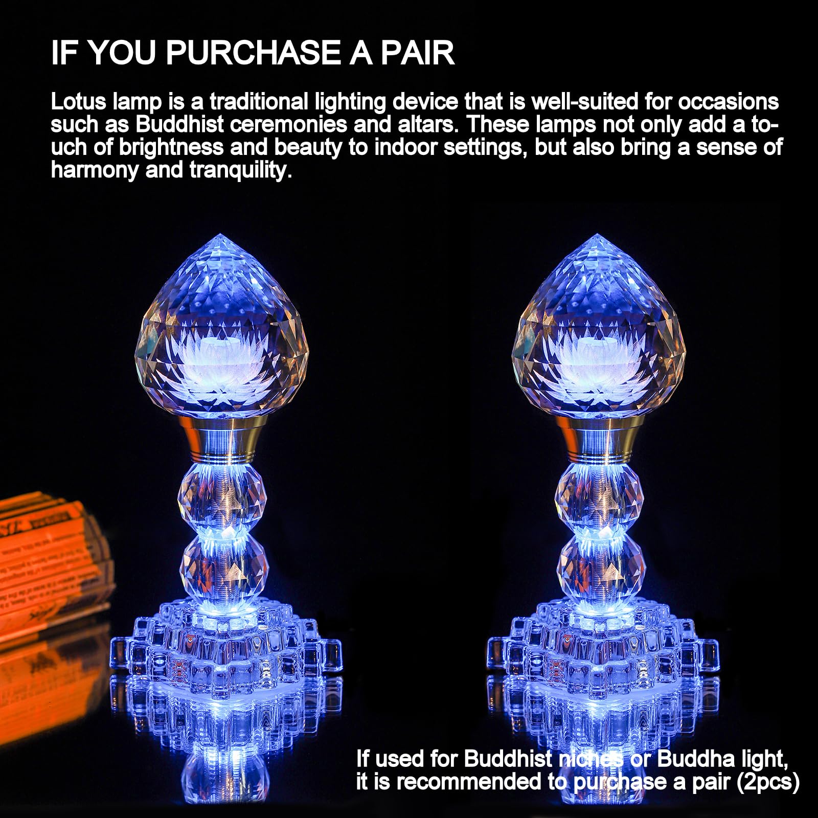 LED Crystal Lotus Flower Lamp – USB Powered Buddha Light for Worship, Prayer and Display,Lotus Flower Light for Bedroom, Buddhist Supplies,Shrine,Meditation Room 8’’ (Blooming Lotus)