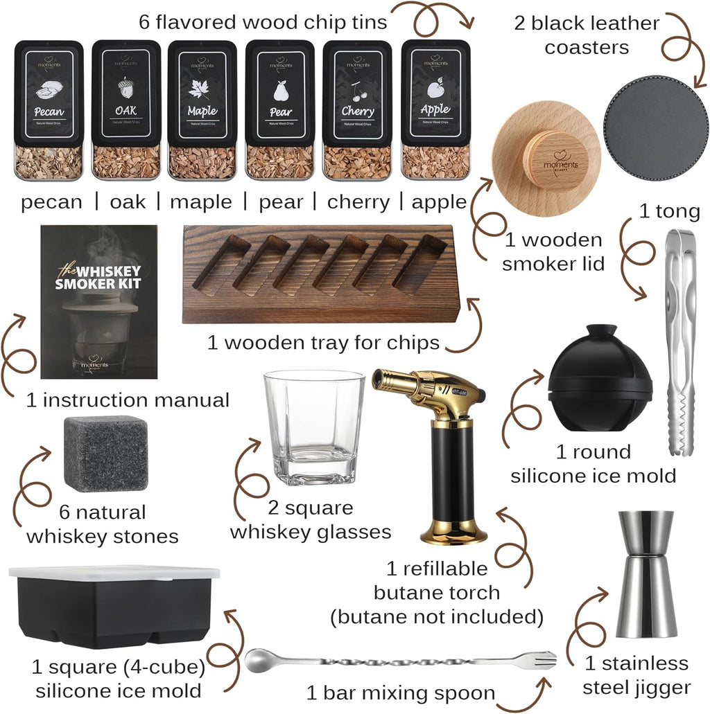 Premium Whiskey Smoker Kit – Wooden Gift Box with Torch, Smoker Lid, Square Glasses, Leather Coasters, 6 Wood Chips with Tray, Whiskey Stones, Ice Molds, Mixing Tools & Instructions