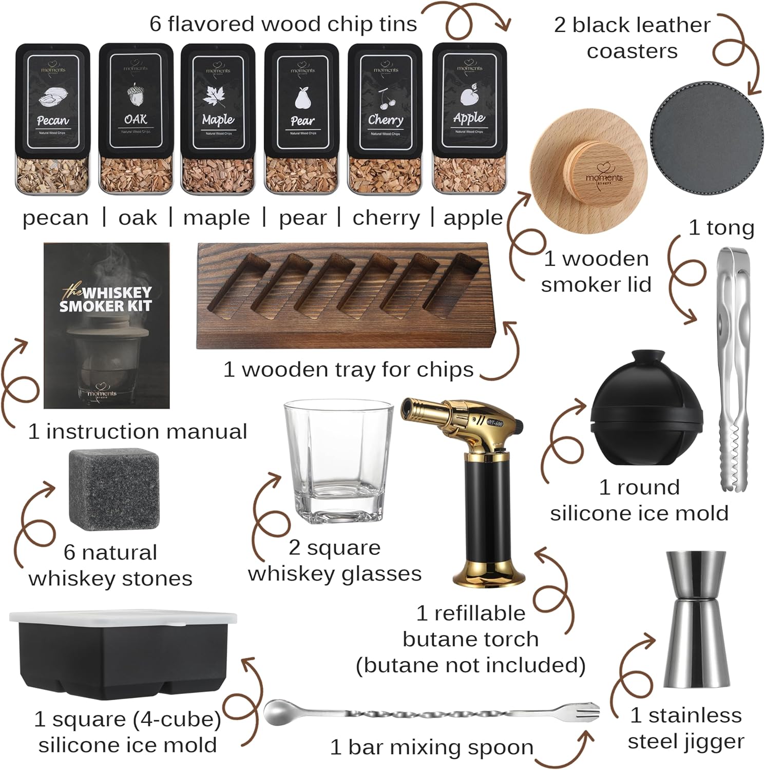 Premium Whiskey Smoker Kit – Wooden Gift Box with Torch, Smoker Lid, Square Glasses, Leather Coasters, 6 Wood Chips with Tray, Whiskey Stones, Ice Molds, Mixing Tools & Instructions