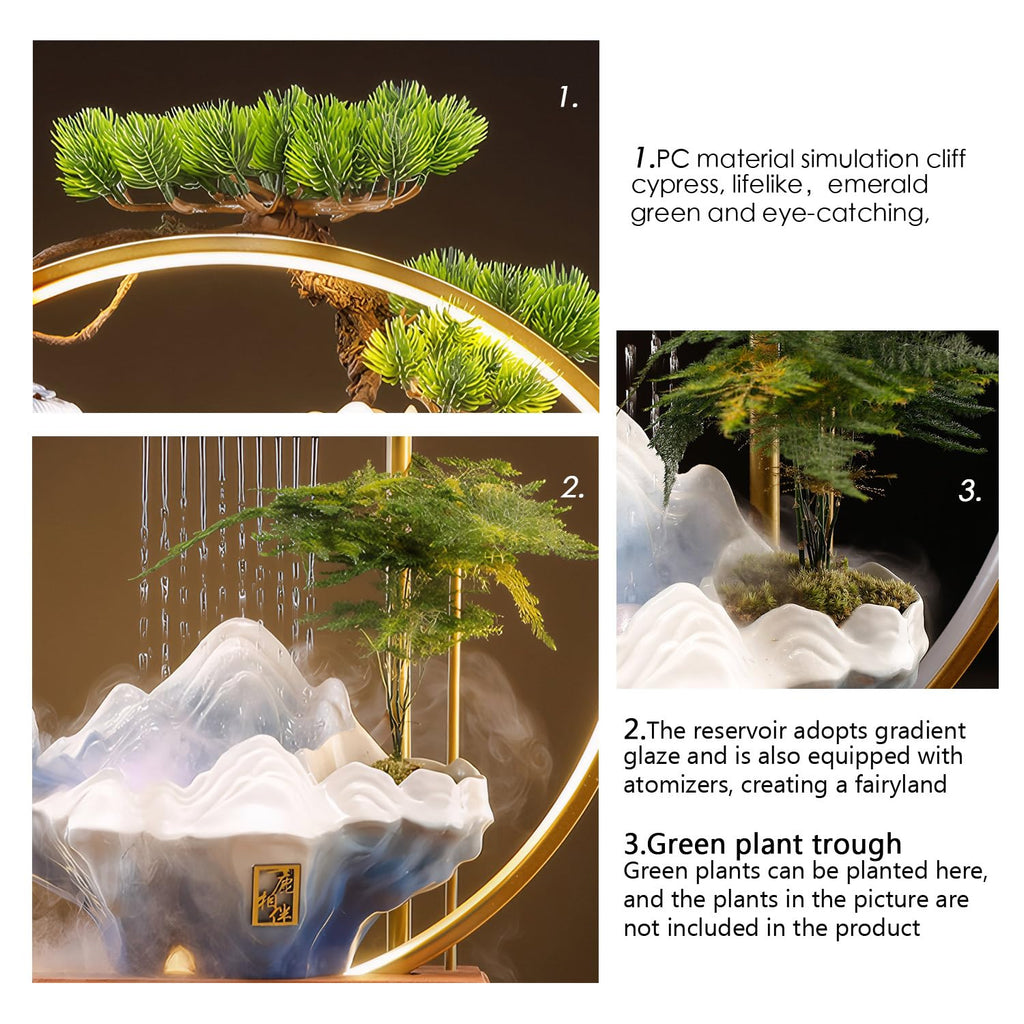 Waterfall Fountain Indoor with Mist, Tabletop Water Fountain,Desk Chinese Ceramic Pixiu Statue with LED Light Ring and Backflow Incense Burner Holder