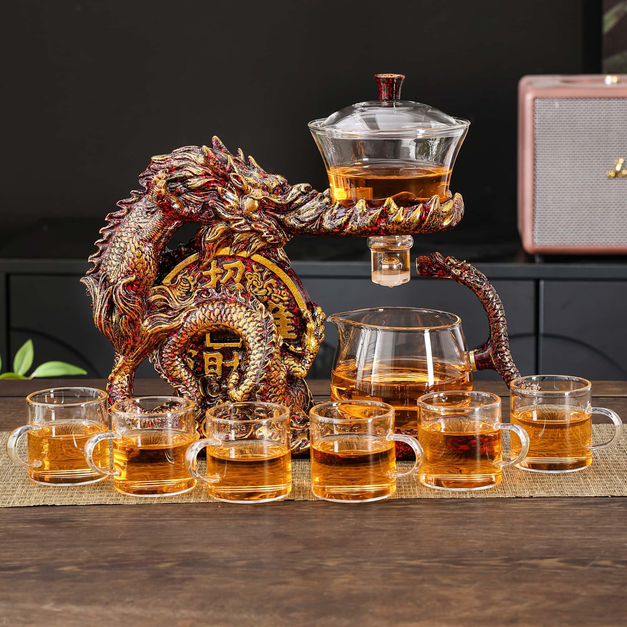 Glass Teapot Set with Infuser Semi Automatic Dragon Tea Set with 6 Small Cups (red golden dragon-b)