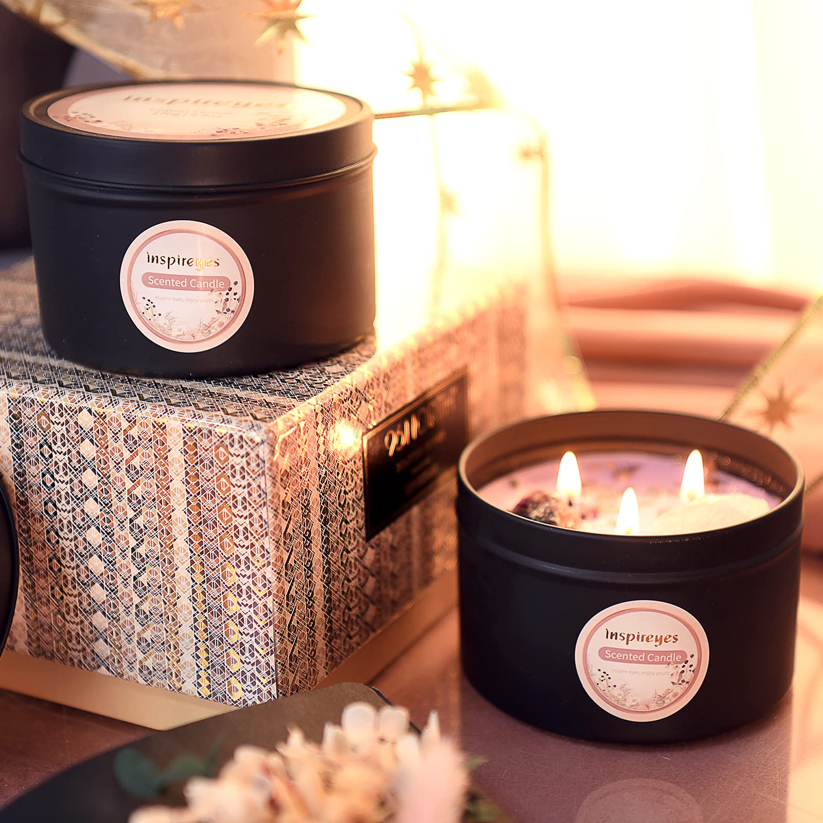 Inspireyes Scented Candles Set with Crystal, 3 Wick Candle 19 oz Soy Wax Aromatherapy Meditation Candles, Large Manifestation Candle with Large Energy Stones, Birthday Gifts for Women