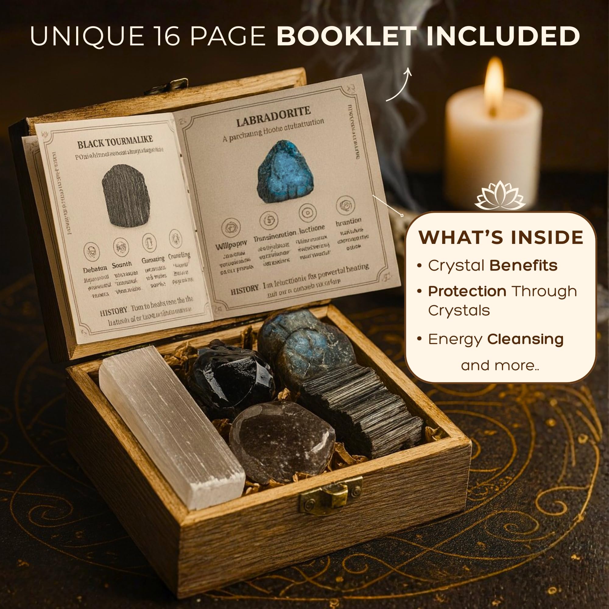 Anima Premium Protection Healing Crystals Set for Energy Shielding - Large Raw Obsidian, Black Tourmaline, Labradorite, Smoky Quartz & Selenite Bar - Wooden Gift Box and Guide Booklet Included