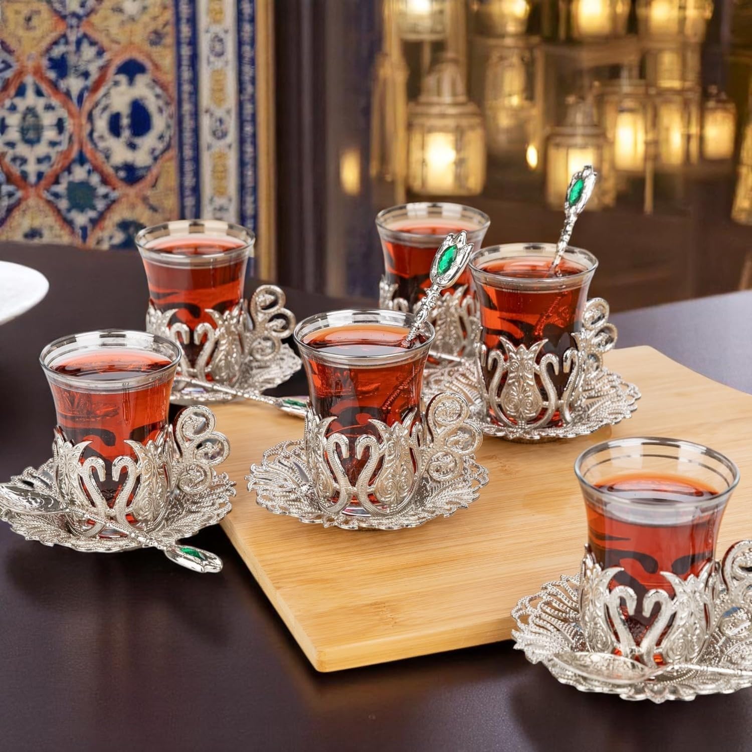 Alisveristime (SET OF 6 Handmade Turkish Tea Water Zamzam Serving Set Glasses Saucer and Spoon (Ottoman) (Gold)