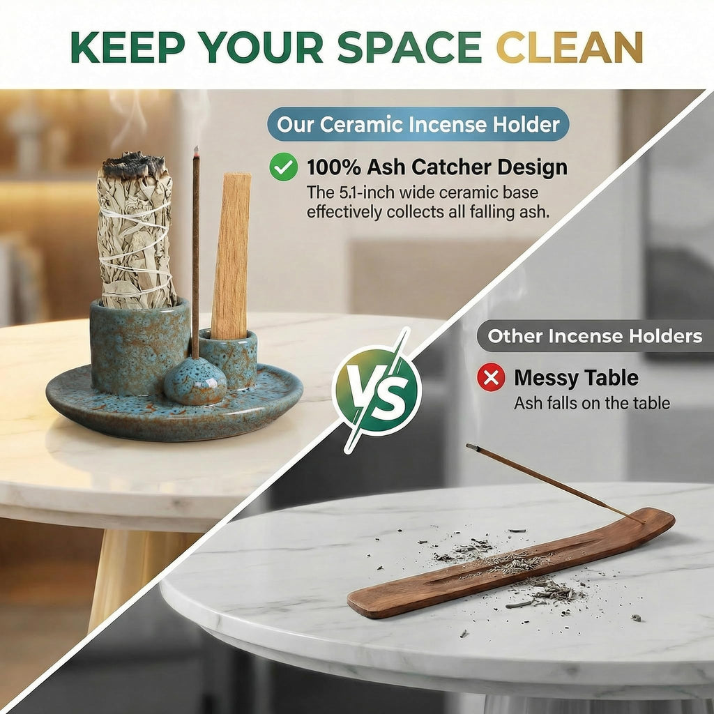 Handmade Ceramic Incense Burner for Palo Santo Incense Sticks, 4 in 1 Multi-Purpose Sage Holder for Burning, Ash Catcher Tray for Meditation Yoga Room (Golden)