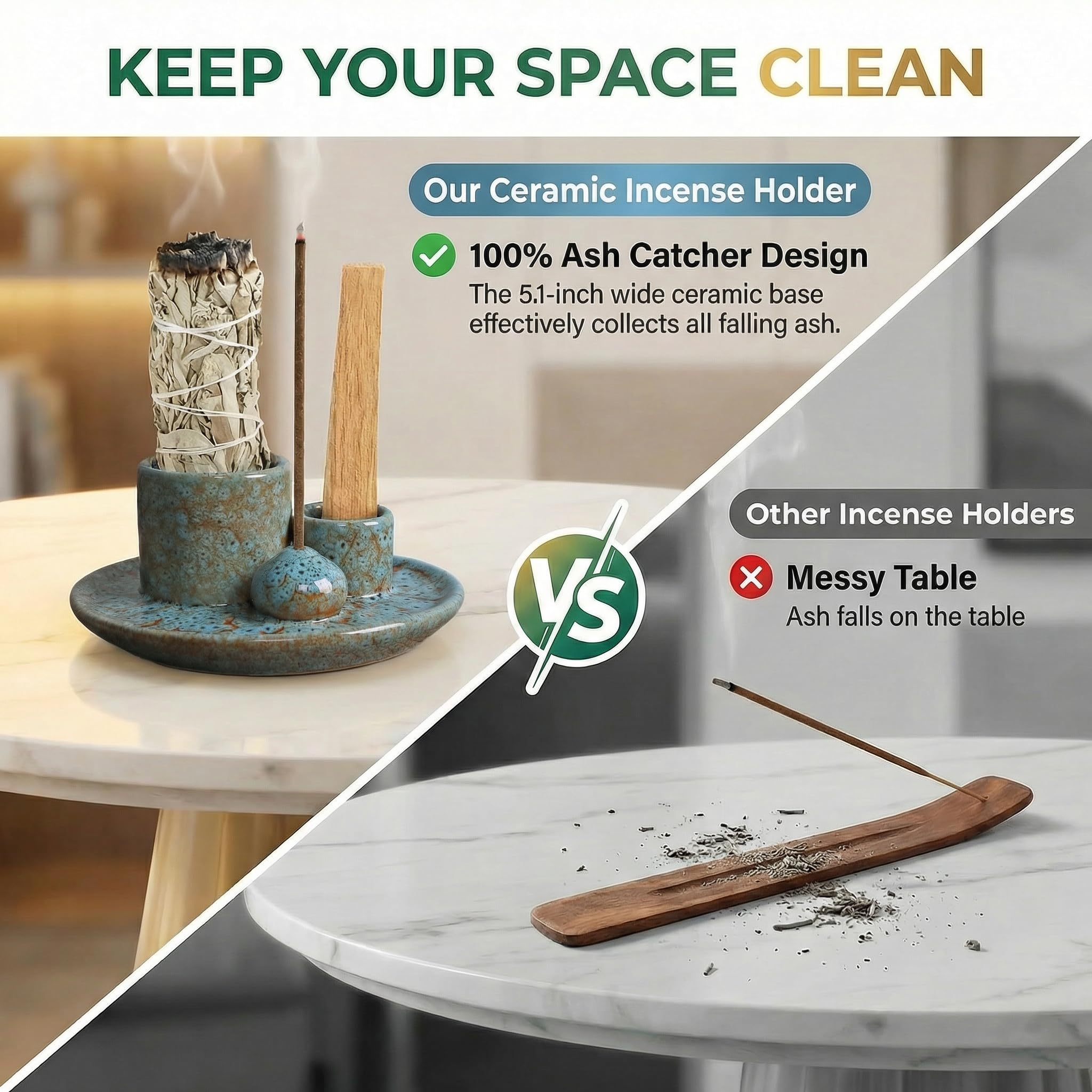 Handmade Ceramic Incense Burner for Palo Santo Incense Sticks, 4 in 1 Multi-Purpose Sage Holder for Burning, Ash Catcher Tray for Meditation Yoga Room (Golden)