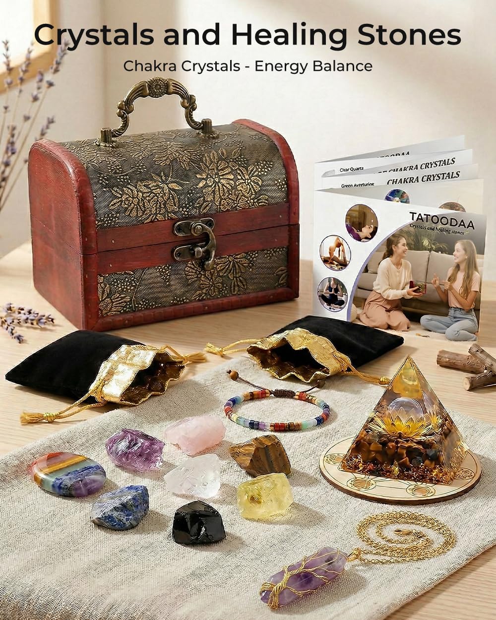 Crystals and Healing Stones, 9 Pcs Healing Crystals Set, 7 Chakra Crystal Stones Set Real Natural Selenite Pyramid Reiki Raw Rock Energy Protection Meditation with Wooden Box, Crystal Gifts for Women