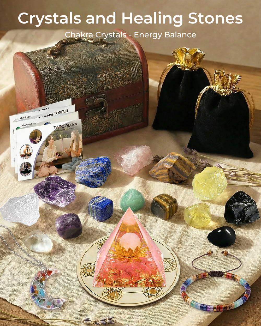 Crystals and Healing Stones, 9 Pcs Healing Crystals Set, 7 Chakra Crystal Stones Set Real Natural Selenite Pyramid Reiki Raw Rock Energy Protection Meditation with Wooden Box, Crystal Gifts for Women