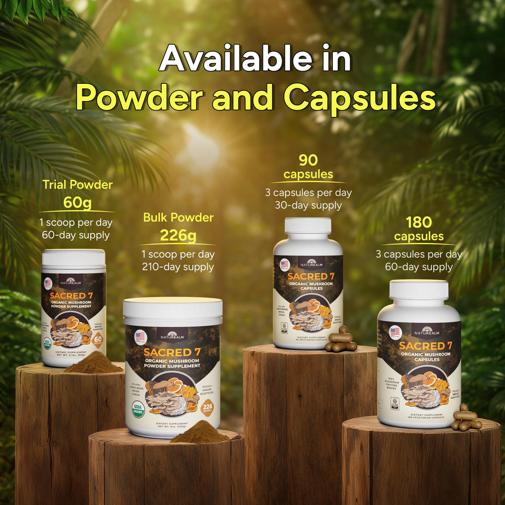 Naturealm Sacred 7 Organic Mushroom Powder Supplement | 7-Month Supply | 7-in-1 Blend with Lions Mane, Reishi, Chaga | Brain & Immune Support | 100% Fruiting Bodies for Coffee & Smoothies