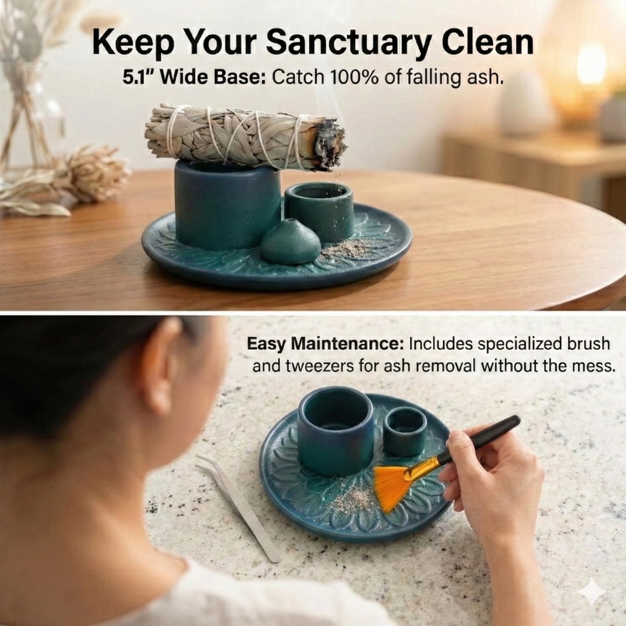 Handmade Ceramic Incense Burner for Palo Santo Incense Sticks, 4 in 1 Multi-Purpose Sage Holder for Burning, Ash Catcher Tray for Meditation Yoga Room (Golden)