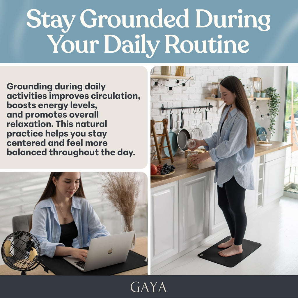 GAYA Grounding Mat for Feet, Sleep Improvement, Back Pain Relief, Muscle Relaxation & Stress, Including 15ft Cord, 100K Ohm Resistor | Conductive Carbon | Earthing Pads for Bed Couch, Desk (24''X16'')