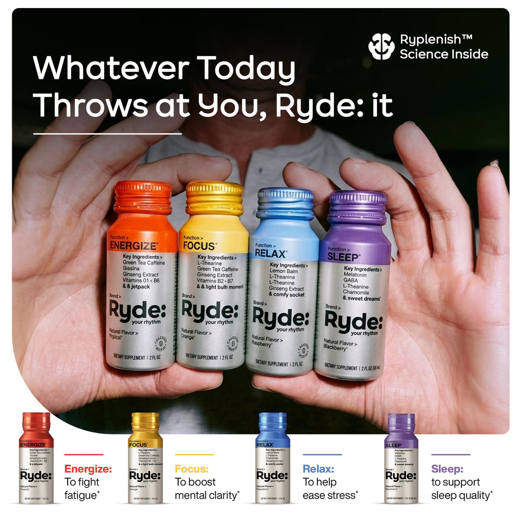 Ryde: Energize Shot | Tropical Flavor | Green Tea Caffeine, Taurine, Ginseng Extract & B Vitamins | 0 Calories, 0 Sugar | 2 FL OZ Shots | Boosts energy* (8 Pack)