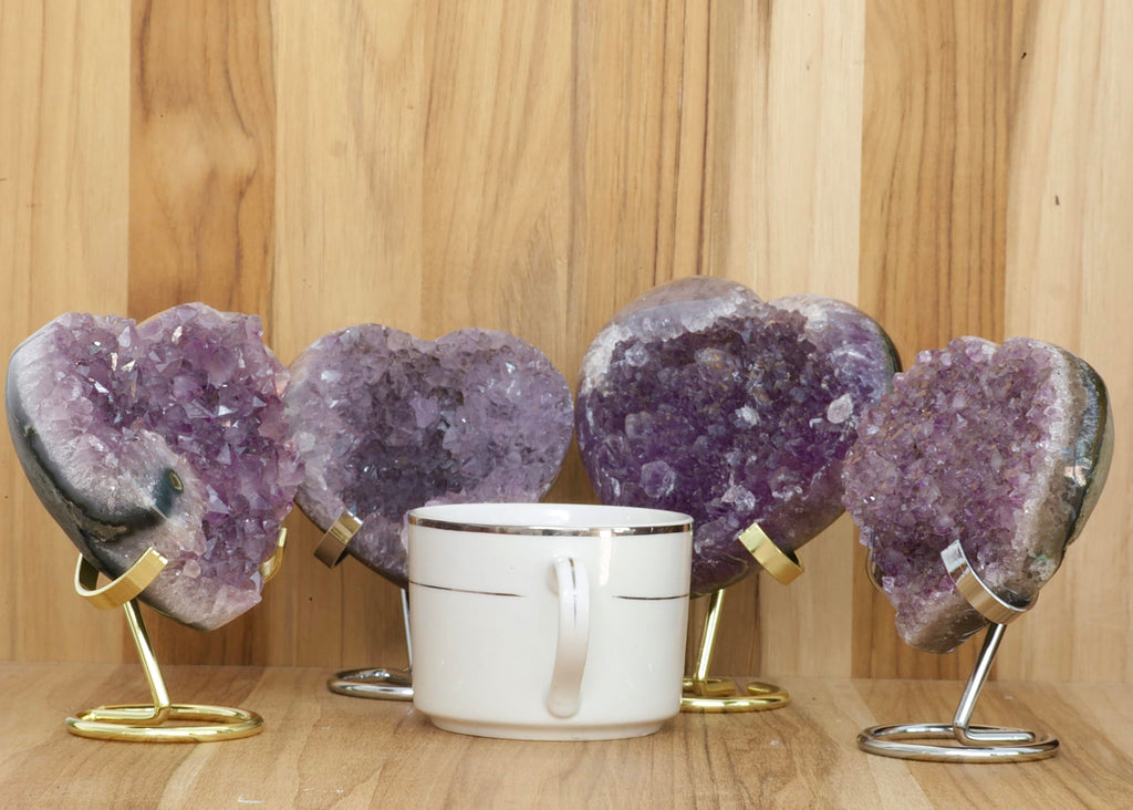 Hand-carved Amethyst Heart Cluster with Stand, Natural Raw Crystal Heart Stone 1–7 Inch tall (50g–1200g), Reiki Healing Gemstone, Love, spiritual Valentine Gift. (200-350 Grams-1.5 to 2.5" tall)