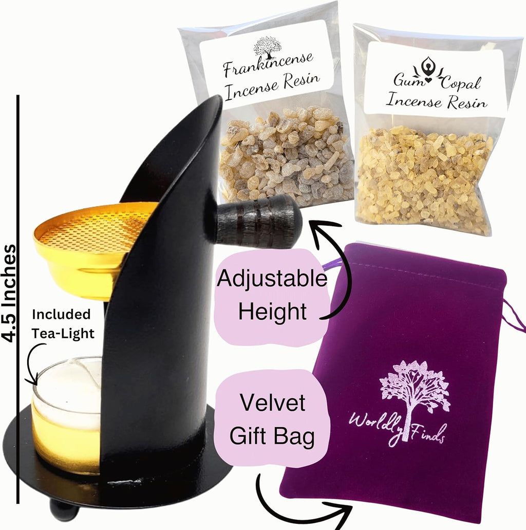 Resin Incense Burner Set – Adjustable Incense Burner Holder, 100% Pure Copal & Frankincense Variety, Tealight Resin Burner Kit for Cleansing, Smudging, Purification