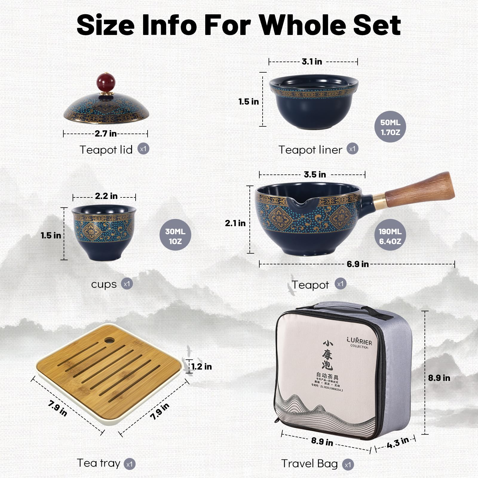 LURRIER Porcelain Chinese Gongfu Tea Set,Portable Teapot Set with 360 Rotation Tea maker and Infuser,Portable All in One Gift Bag for Travel,Home,Gifting,Outdoor and Office (Sakura)