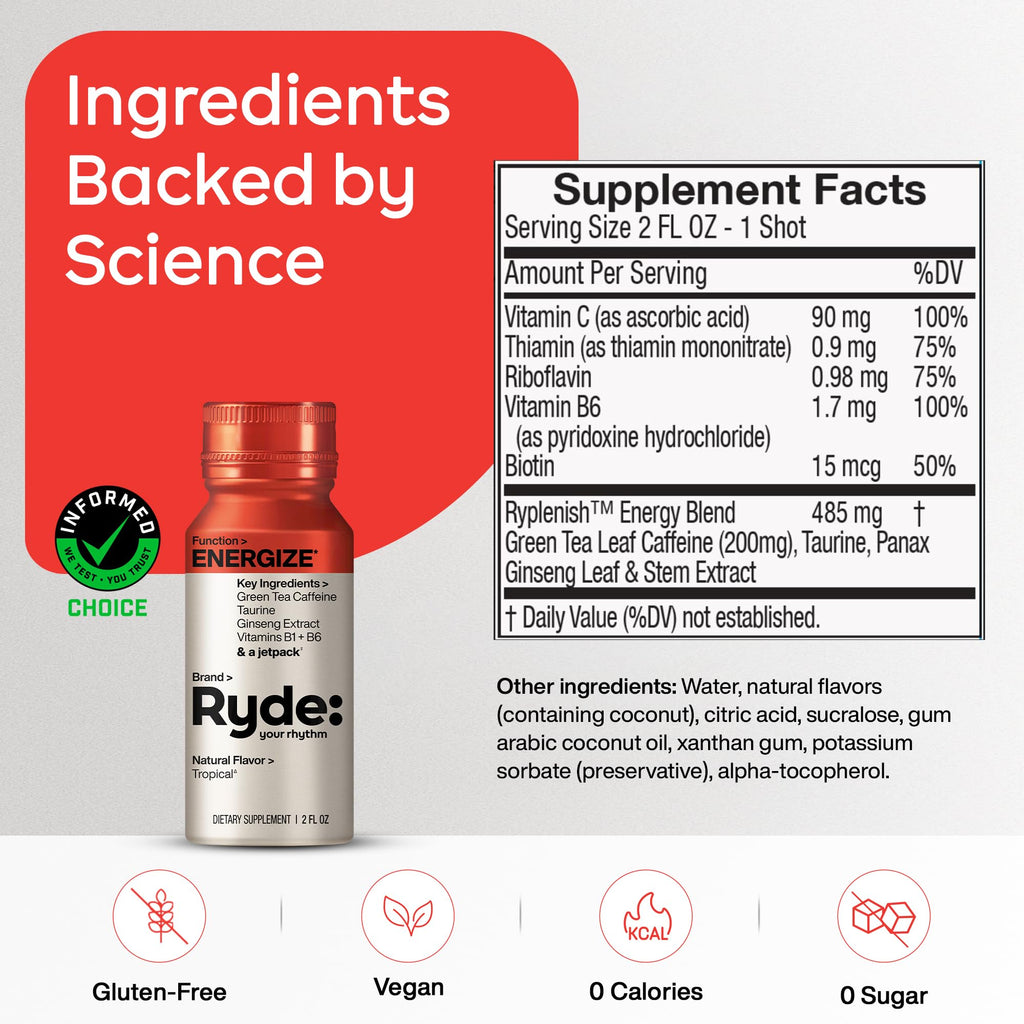 Ryde: Energize Shot | Tropical Flavor | Green Tea Caffeine, Taurine, Ginseng Extract & B Vitamins | 0 Calories, 0 Sugar | 2 FL OZ Shots | Boosts energy* (8 Pack)