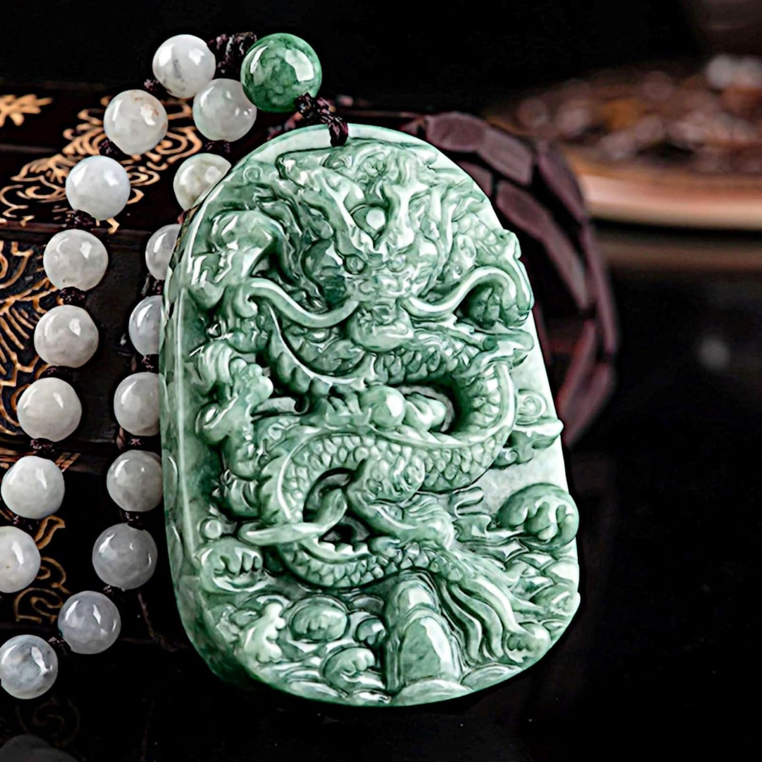 Natural Jade Dragon Pendant Necklace Grade A Untreated Burmese Jadeite Certified Hand carved Double-sided Delicate Carving Green Amulet for Men and Women