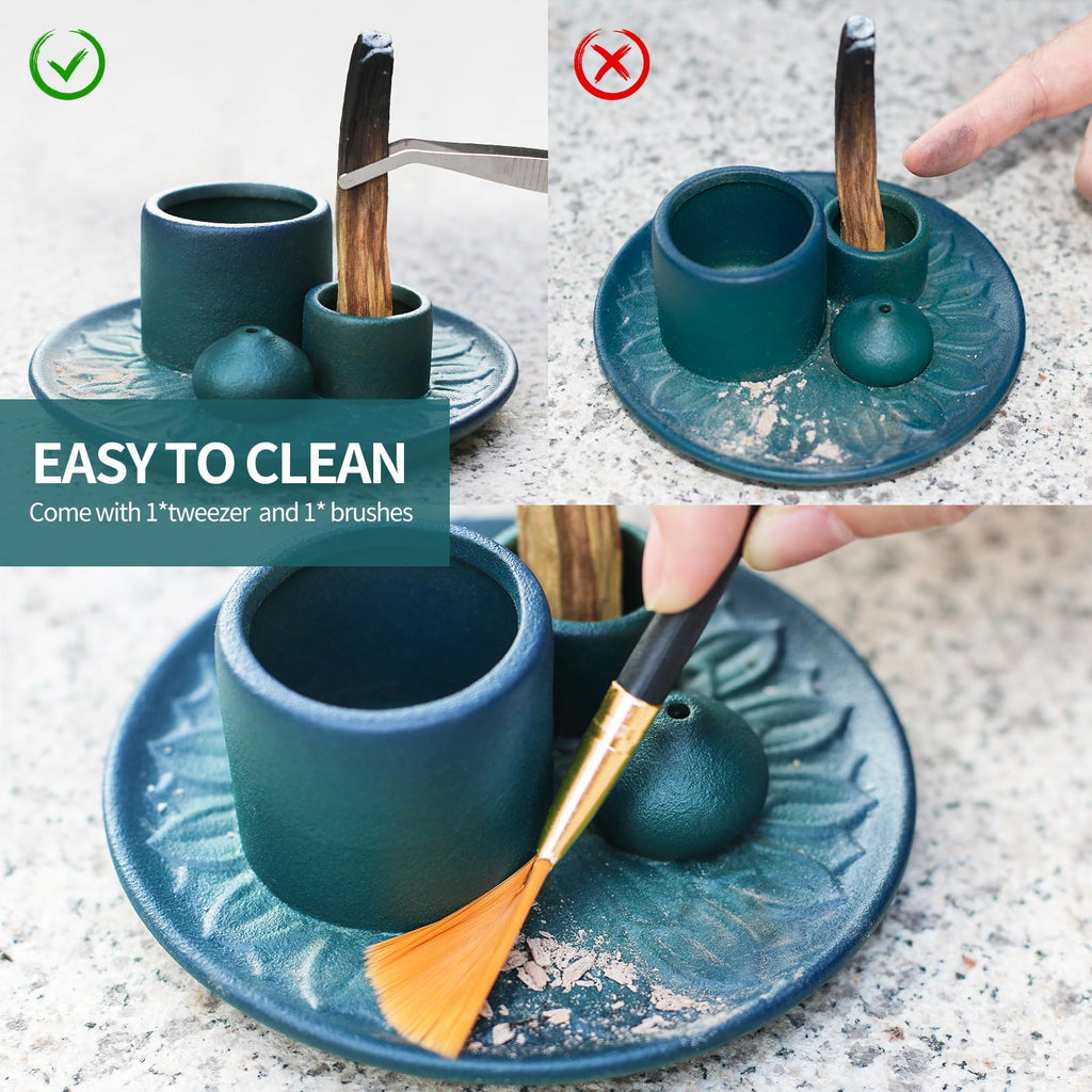 Handmade Ceramic Incense Burner for Palo Santo Incense Sticks, 4 in 1 Multi-Purpose Sage Holder for Burning, Ash Catcher Tray for Meditation Yoga Room (Golden)