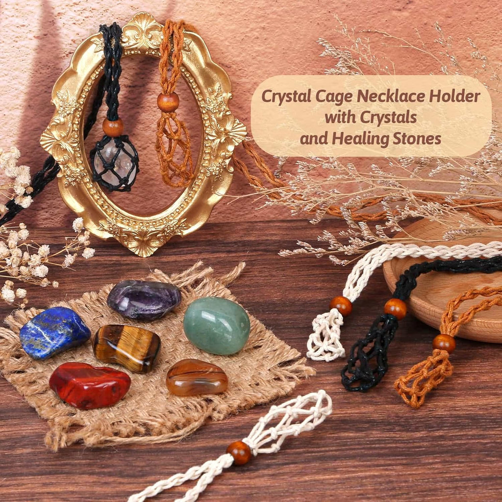 Evatage Crystals Necklace Holders and Healing Stones Set, 6Pcs Adjustable Crystal Cage with 7 Chakra Crystals and Healing Stones for Yoga, Meditation, Jewelry Gift and Home Decor