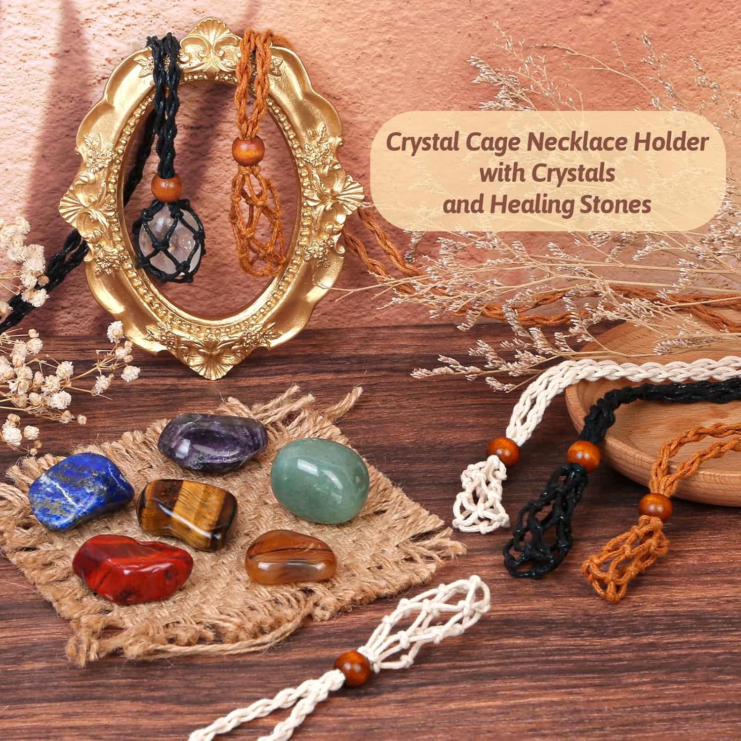Evatage Crystals Necklace Holders and Healing Stones Set, 6Pcs Adjustable Crystal Cage with 7 Chakra Crystals and Healing Stones for Yoga, Meditation, Jewelry Gift and Home Decor