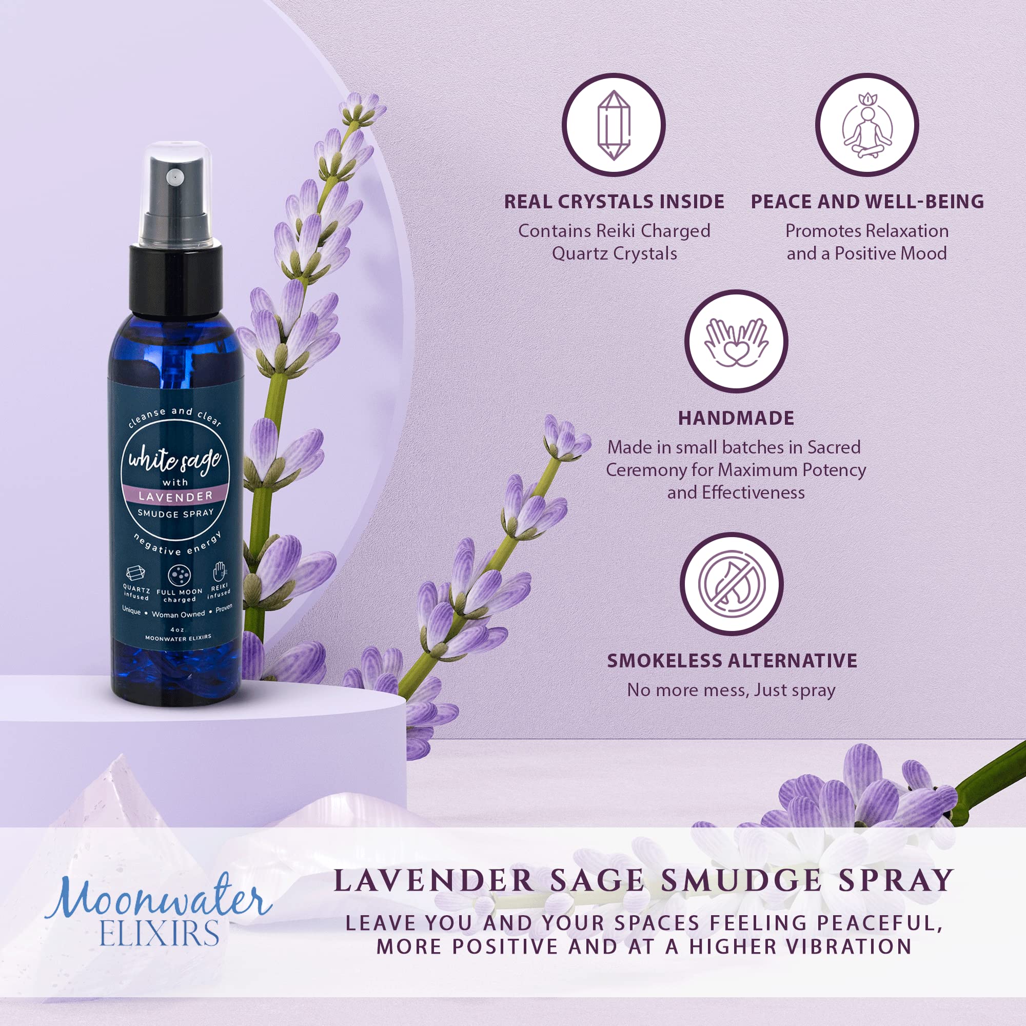 White Sage Smudge Spray for Spiritual Cleansing & Aura Protection, Sage Mist for Cleansing Negative Energy & Protection, Home & Meditation, Clear Quartz Reiki Energized Aromatherapy Room Spray - 4oz