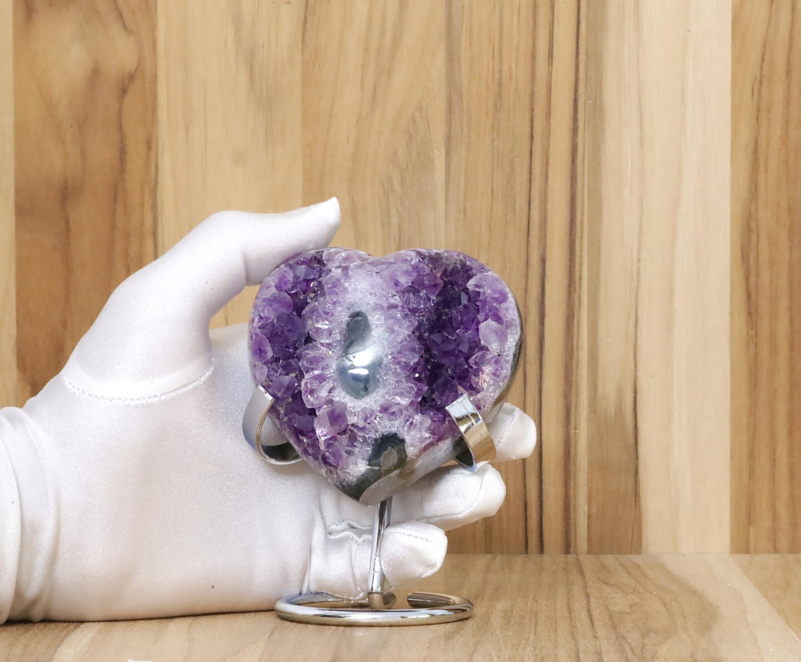 Hand-carved Amethyst Heart Cluster with Stand, Natural Raw Crystal Heart Stone 1–7 Inch tall (50g–1200g), Reiki Healing Gemstone, Love, spiritual Valentine Gift. (200-350 Grams-1.5 to 2.5" tall)
