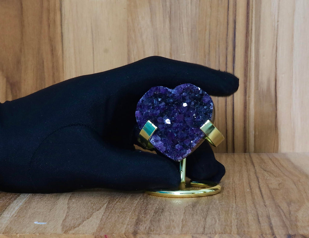 Hand-carved Amethyst Heart Cluster with Stand, Natural Raw Crystal Heart Stone 1–7 Inch tall (50g–1200g), Reiki Healing Gemstone, Love, spiritual Valentine Gift. (200-350 Grams-1.5 to 2.5" tall)